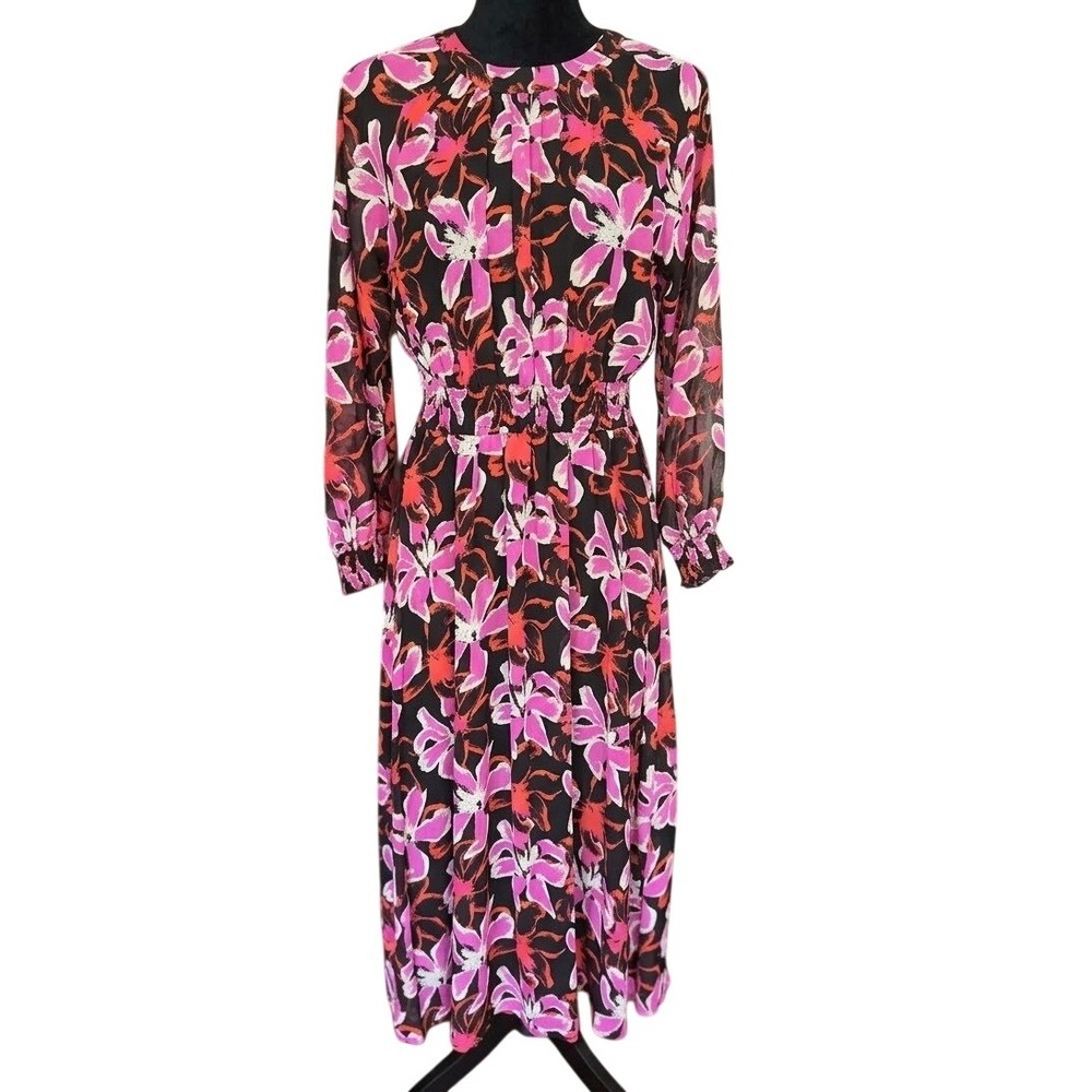 LARK + GREY Women Pink Floral Smocked Waist Long Sleeve Midi Dress Size M